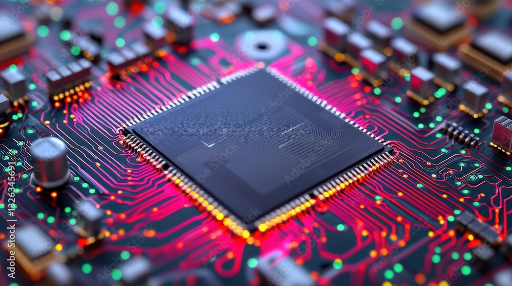 Poster material science semiconductors concept. close-up of a circuit board with colorful electronic compon