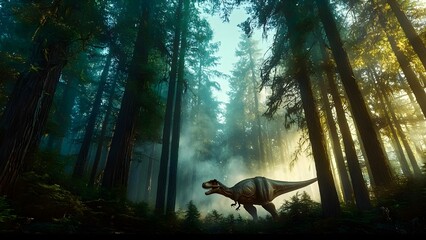A dinosaur stands in a misty forest surrounded by tall trees, creating a prehistoric atmosphere. Concept Dinosaur in Mist, Prehistoric Forest, Tall Trees, Atmospheric Landscape, Ancient Creatures
