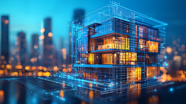 Modern building design overlaid with digital network connections against a backdrop of a blurred cityscape.