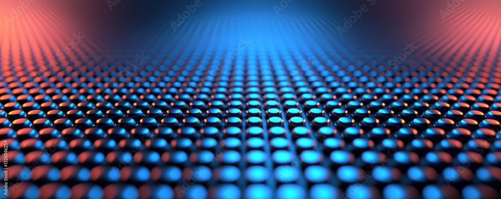 Poster material science semiconductors concept. abstract patterned surface with blue and red lights.