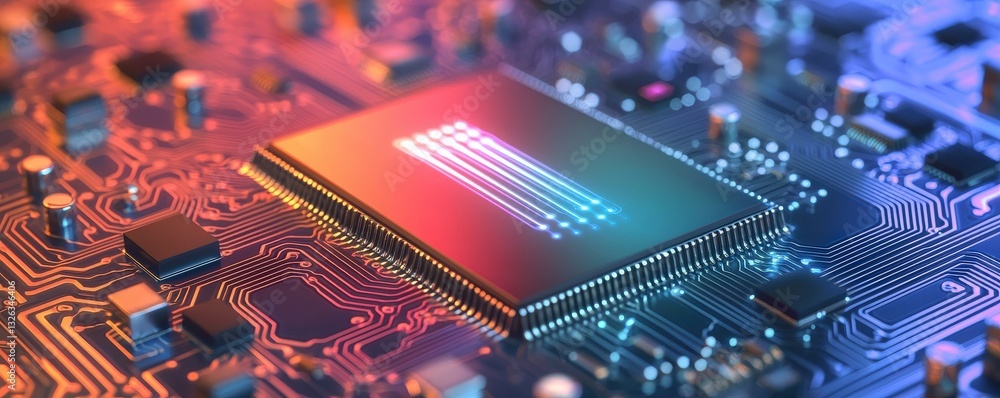 Poster material science semiconductors concept. vibrant close-up of a microchip on a circuit board with glo