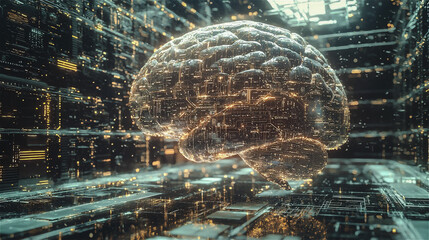Clear brain with line and dot on a technology background. Generative AI.