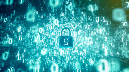 Cybercrime concept. The lock with a binary code number on a blue neon light background. Generative AI.