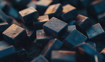 Dark metallic cubes piled together, abstract background, ideal for tech or industry