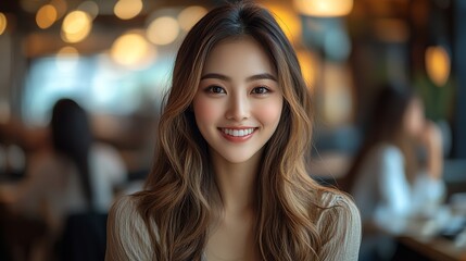 Obraz premium Smiling woman with long wavy hair, captured in a warm, inviting ambiance, her radiant smile lights up the scene, showcasing natural beauty.