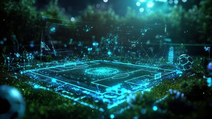 A futuristic holographic display of a soccer match in a public park