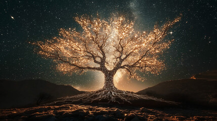 A vibrant digital tree with the glowing neon orange light circuit board, blending nature and technology on the dark scene. Generative AI.