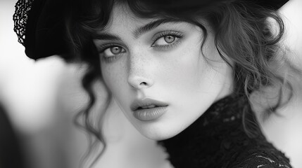 Striking black and white portrait of a woman with alluring eyes and delicate features, captured with classic elegance.