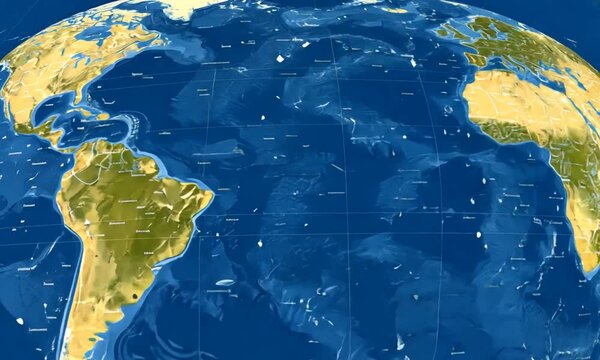 World Map Detailed depiction continents/oceans. Landmasses highlighted against deep blue oceanic depths