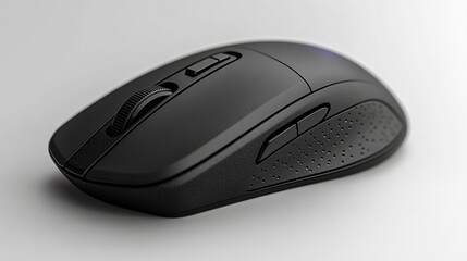 A sleek, black computer mouse with a scroll wheel and side buttons rests on a neutral surface, ready for precise navigation and control.