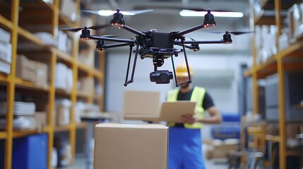 Drone Delivering Packages in a Modern Warehouse Setting