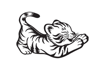Silhouette of a baby tiger cub stretching its paws with a tiny yawn vector art illustration
