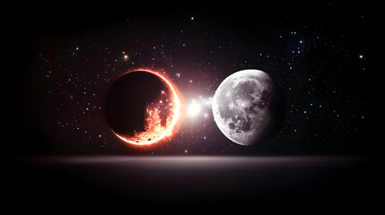 The moon and celestial body are aligned against a starry backdrop