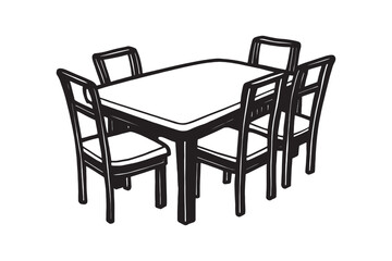 Silhouette of a dining table with five matching chairs vector art illustration