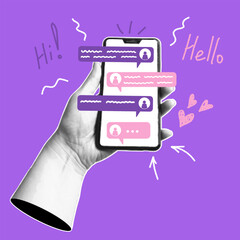 Hand holding phone with short messages on screen. Chatting with friends and sending new messages. Social media communication concept. Trendy collage banner with halftone effects. Pop art illustration