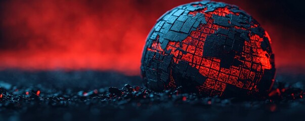 Futuristic globe with red glow on dark background.