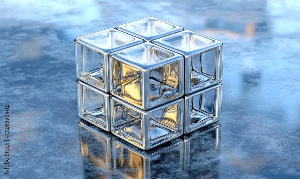 Poster glass cube structure with inner glow on reflective surface