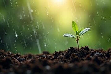 A young plant emerges from rich dark soil while soft rain showers down