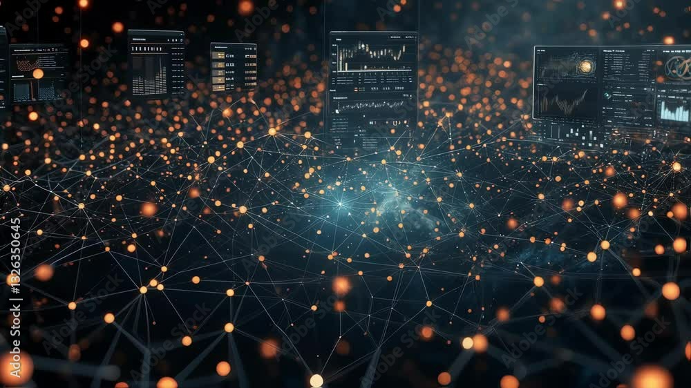 Poster a vibrant, abstract visualization of interconnected data points, highlighted by glowing orange nodes