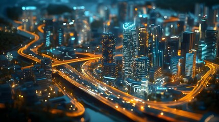 Stunning Nighttime Cityscape with Illuminated Skyscrapers and Roads