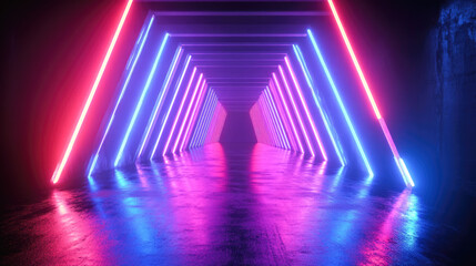 Fototapeta premium Futuristic neon tunnel with blue and pink lights reflecting on wet floor