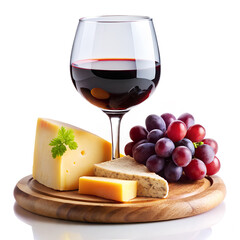 Wine Glass with Red Wine and Cheese Platter on Wooden Board on White Background