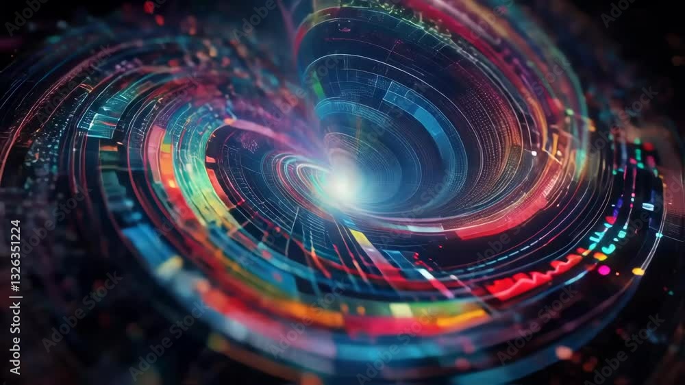 Poster a vibrant, swirling vortex of light and patterns, creating a sense of dynamic motion and energy, evo
