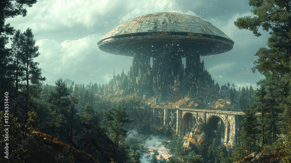 Poster futuristic mushroom-shaped spaceship hovering over a fantasy forest landscape with a bridge and anci