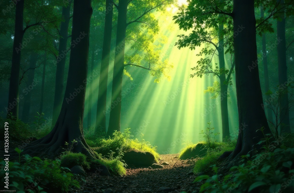 Aufkleber Sunlight filters through trees in a tranquil forest setting