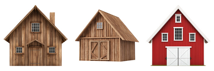Three barn houses with distinct designs isolated on white
