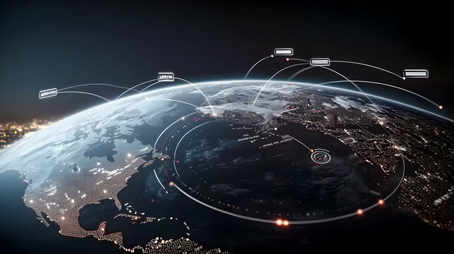 A digital global connection network visualizing worldwide data transfers over Earth