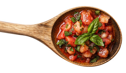 Fresh Tomato Salsa with Basil on Wooden Spoon Isolated on Transparent Background – Healthy and Flavorful Cooking Ingredient  
