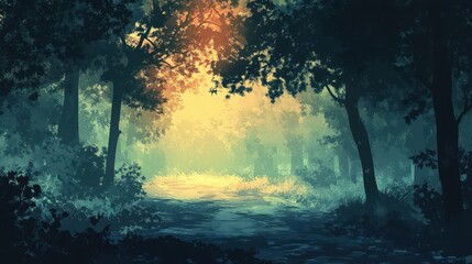 A pathway through a lush and mystical forest with bright sunlight