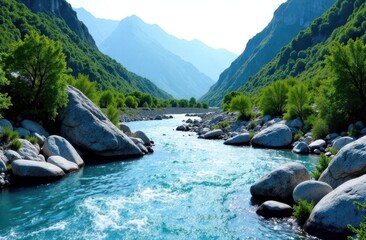 Majestic river flows through lush valley surrounded by towering mountains