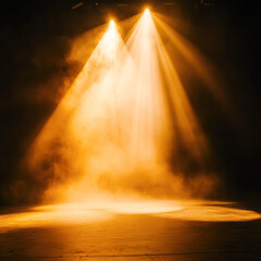 Empty theater stage with dramatic warm lighting and smoke effects