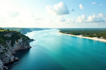 Fototapeta premium Serene coastal landscape with turquoise water and lush greenery at midday