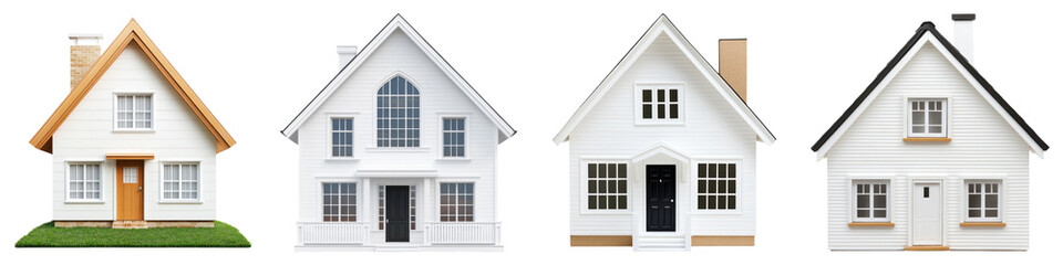 Four charming cottage houses with white exteriors and varied designs