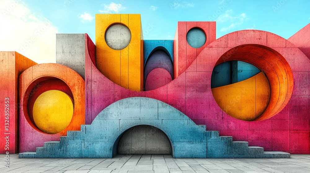 Poster colorful abstract concrete structures with openings and stairs.