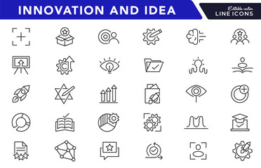 Innovation and Idea line icon set. Containing problem-solving, light bulb, idea, strategy, creativity, innovation, solution, investment, pitch, teamwork line icon set. UI thin line icon pack.