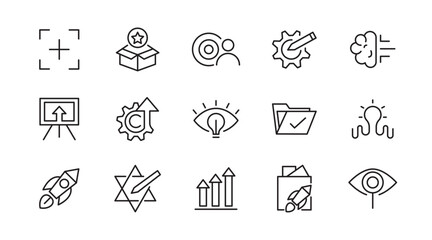Innovation and Idea line icon set. Containing problem-solving, light bulb, idea, strategy, creativity, innovation, solution, investment, pitch, teamwork line icon set. UI thin line icon pack.