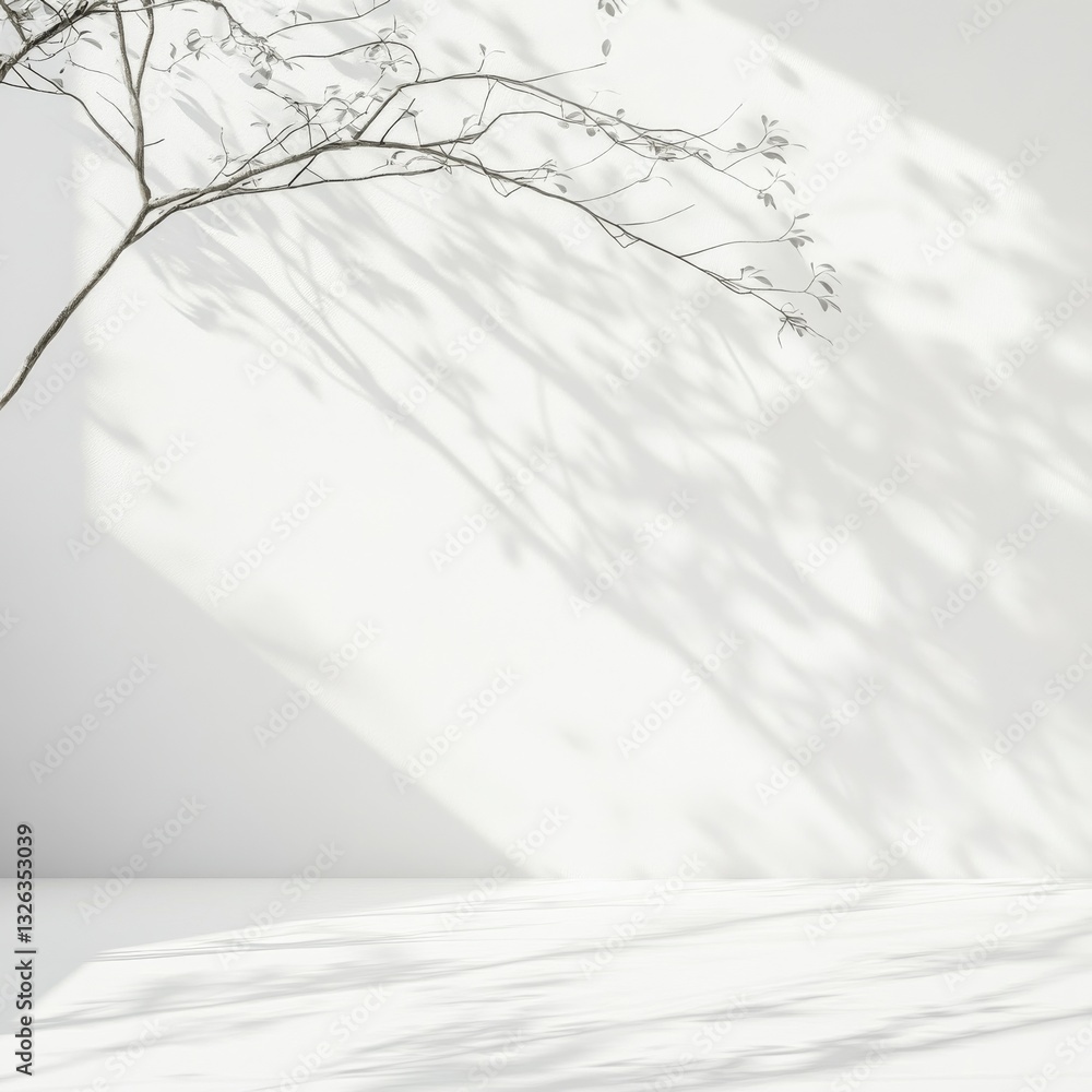 Poster minimalist white space with tree branch and shadow play, soft light, and serene ambiance