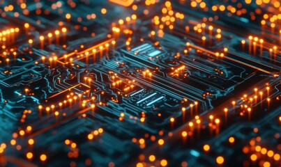 Obraz premium Glowing circuit board with data flow, tech background