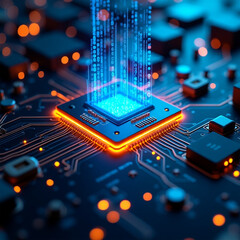 A futuristic chip illuminated in vibrant blue and orange, embedded in an electronic circuit board. The digital data stream represents the advancement of technology.