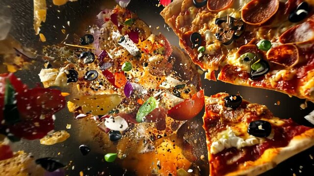 Delicious pizza slices with various toppings flying in an energetic, dynamic display above a colorful background