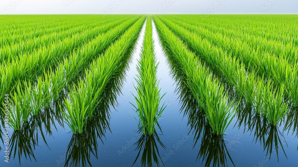 Poster a photo of rice fields reflected in water, creating a symmetrical composition