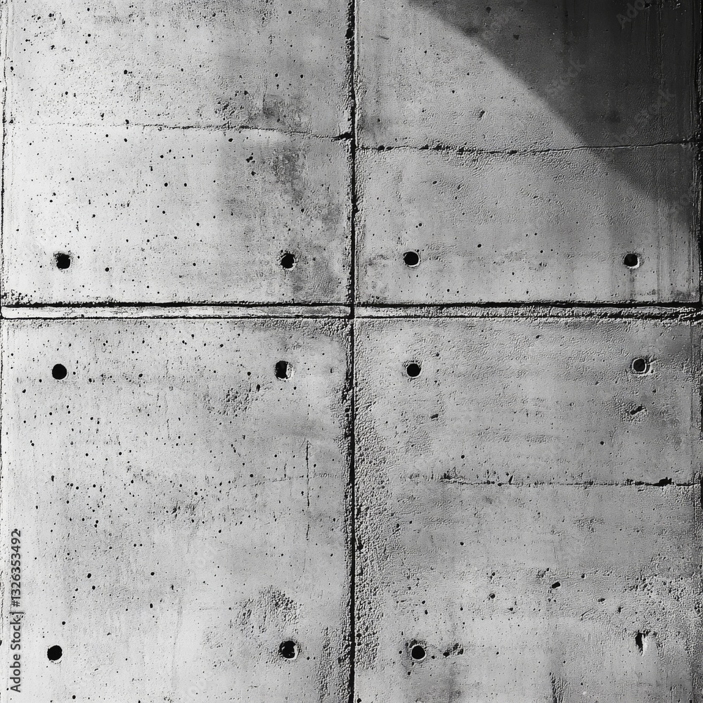 Poster monochrome minimalist: raw concrete texture with geometric panel arrangement and play of light and s