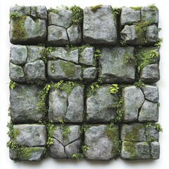 Stone wall background features gray blocks covered in green moss and small plants in a square format against a white backdrop