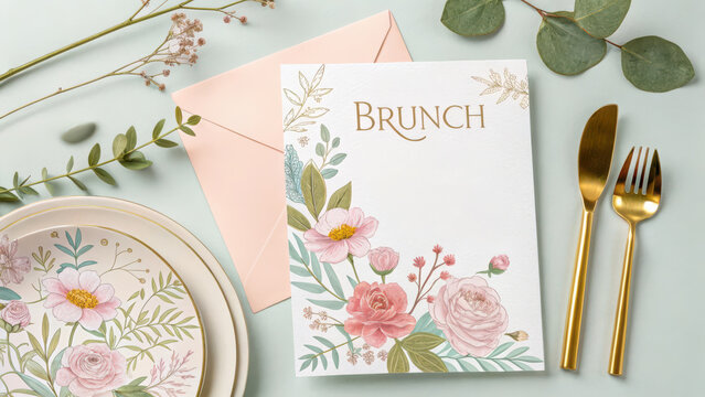 Elegant brunch invitation featuring floral decor, gold accents, and soft pastel background. Perfect for spring gathering or celebration