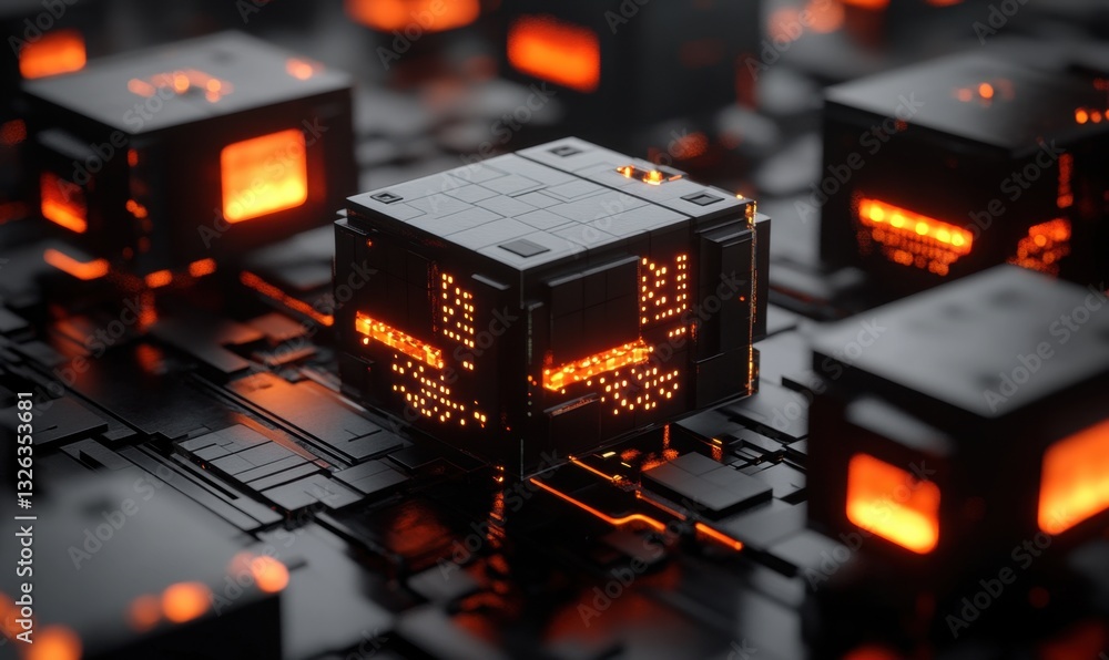 Aufkleber glowing cube on circuit board with data, tech background