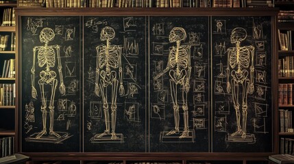 Obraz premium A well-organized bookcase featuring a detailed skeleton drawing amongst various books